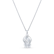 Silver necklace with a Virgin Mary wearing a veil pendant. The pendant is on a white background. 