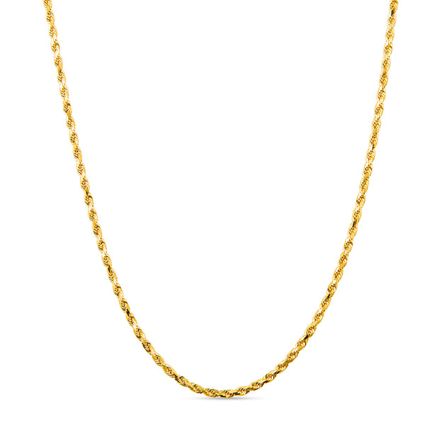 Gold rope chain on a white background.