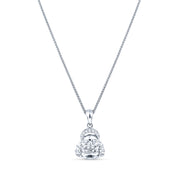 Silver necklace with a Buddha pendant. The pendant is on a white background. 