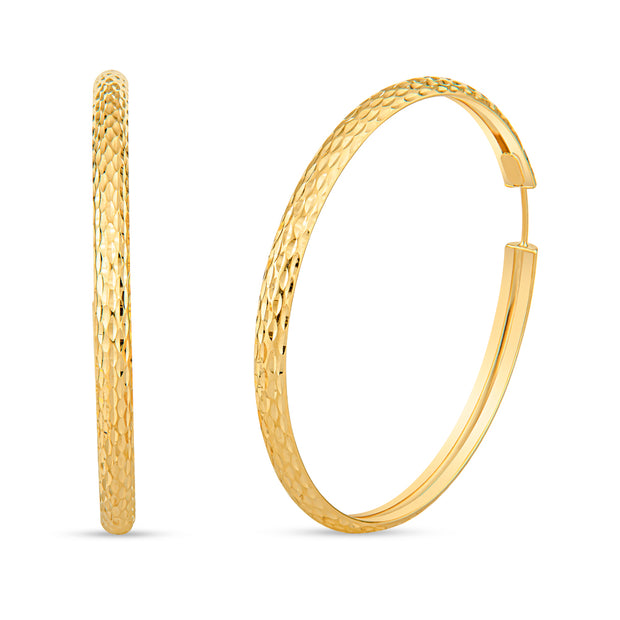 Pair of yellow gold hoop earrings with a hammered texture on a plain white background.