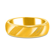 Men's gold wedding band with a brushed finish and a textured diagonal pattern, on a white background.