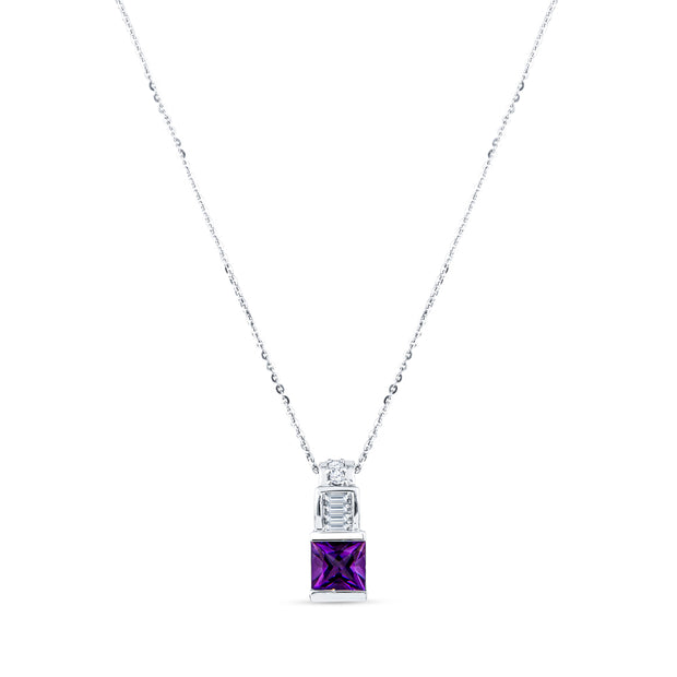 White gold necklace with a square purple gemstone pendant on a white background.  