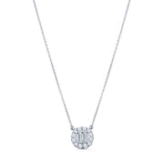 Silver necklace with a circular pendant featuring a central rectangular diamond surrounded by smaller diamonds in a baguette setting