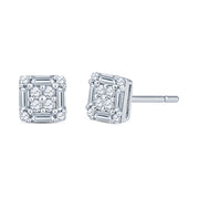 Pair of silver square-shaped diamond stud earrings featuring a cluster of round and baguette-cut diamonds set in a floral pattern.